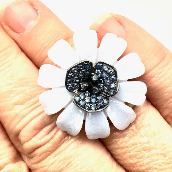 Carlo Viani LeVian  Blue Chalcedony Sapphire Sterling Silver Flower Ring Size 6 - Picture 1 of 4